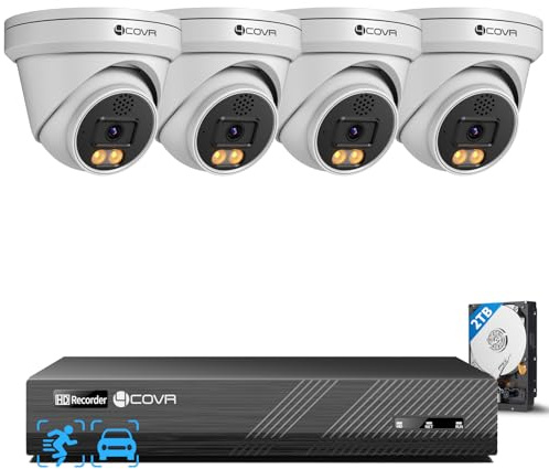 4COVR CCTV Camera Systems 5MP PoE, 8CH NVR 2TB, ELY97KA5M0804 | 4×5MP Security Dome IP Camera IP67 Outdoor, 2 Way Audio, Smart Color Night Vision, Human Vehicle Detection, 24/7 Recording