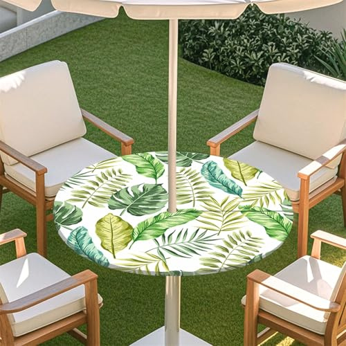 Morbuy Outdoor Tischdecke mit Schirmloch, 3D Tropisch Pflanze Blatt Muster Runde Elastische Tischdecke Outdoor, Wasserdicht Tisch Decken mit Gummizug Gartentischdecken (Bananenblatt,91-111cm)