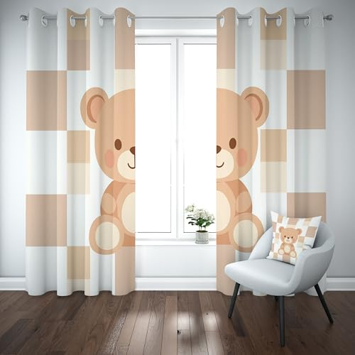 Slojtdd Karikatur Bär Vorhang Blickdicht 137x90 für kinderzimmer, Niedlich Tiermotiv Gardinen mit ösen 2er Set, Tierwelt Büffelkaro Thermovorhang kälteschutz, Wohnzimmer verdunkelung vorhange