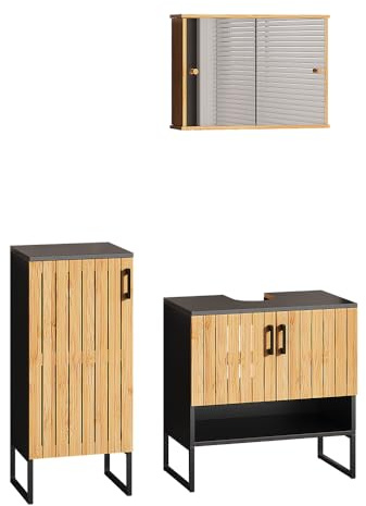 Vicco Badmöbel-Set Vayra, Bambus, 60 cm | besteht aus Waschbeckenunterschrank, Spiegelschrank und Midischrank