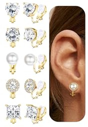 5 Paare Clip Ohrringe Damen Hypoallergen Ohrclips Ohrringe Ohne Ohrloch Perlen CZ Fake Ohrringe Gold/Silver