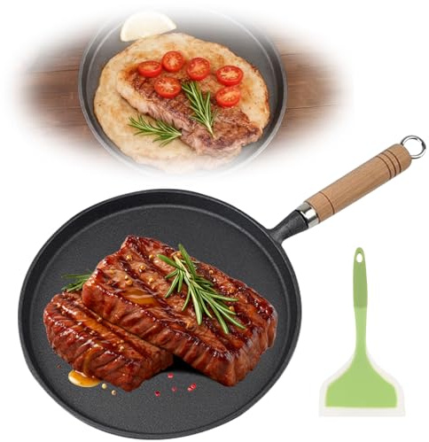 PORFOYO Poele en Fonte 20 cm, Poêle à Frire avec Poignée en Bois, Poêle à Griller, Poele Grill, Revêtement Antiadhésif, Poêle à Steak pour Barbecue à gaz, Four à Pizza, Foyer et cuisinière