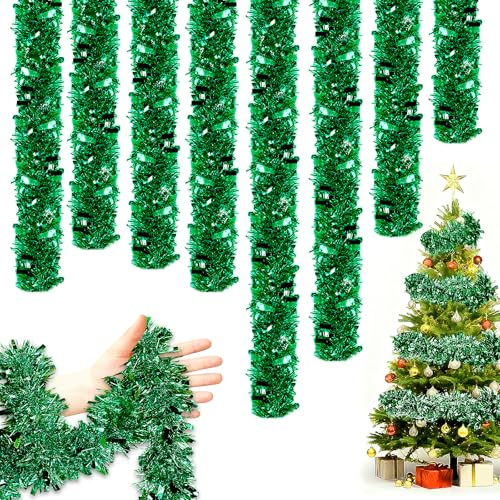 8 Stück x 2M Lametta Girlande Weihnachten, Glänzend Weihnachtsgirlande, Christbaumschmuck Weihnachtsdeko Girlande für Baum, Kamin, Treppe & Fenster (Grün)
