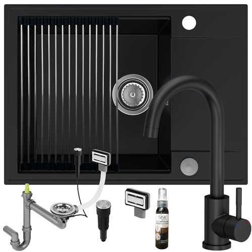 SINK QUALITY Spülbecken schwarz mit Armatur Set 62x46 - Spüle mit wasserhahn, Siphon PUSH, Abtropfgestell, Imprägniermittel - Küchenspüle Komplettset für 55er Unterschrank