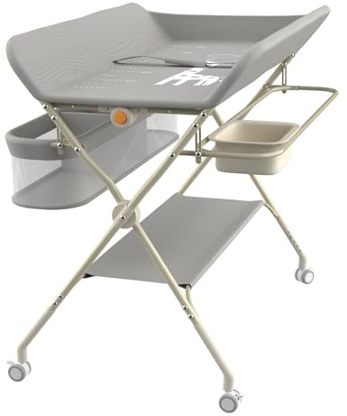 Table à Langer Mobile pour Bébé, Pliable avec Hauteur Réglable sur 5 Niveaux Poubelle Panier de Rangement Etagère Roues Verrouillables, pour Chambre de Bébé,75 * 68 * 83-91cm (A) Gris