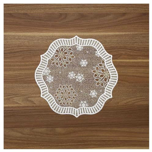 Tischdecke Leise rieselt der Schnee Vogtländische Spitze - Moderne Deckchen mit Schneeflocken für Winter und Advent in weiß-Gold | Filigran gestickte runde Spitzendeckchen 28 cm Durchmesser