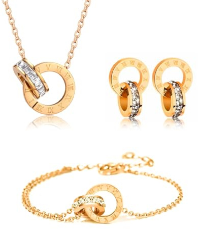 Gkaopi Schmuckset für Damen und Mädchen 18 Karat Vergoldet Edelstahl Halskette Ohrringe Armband Set Zirkonia Römische Ziffern Kreis Verstellbare Anhänger Schmuck Set