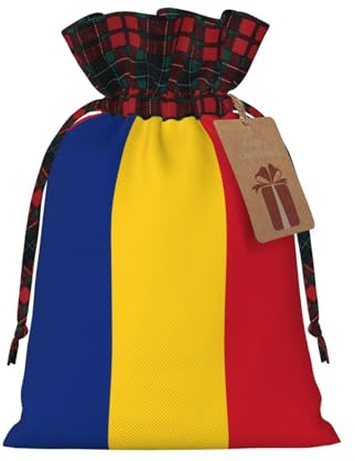 Flag of Romania Print Christmas Drawstring Bags Snack Wrap, Reusable Holiday Treat Sacks for Presents M