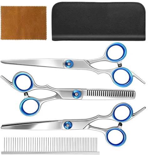 HECHKJ 4 Piezas Tijeras para Perros, Set Profesional de Corte para Peluquería Canina: Incluye Tijeras Rectas, Curvas, Desbaste y Peine, Kit Completo para Cuidado y Estilo de Mascotas