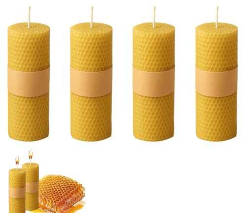 Beeswax Candles Set – 4Pcs Yellow Candle Sticks, Handmade Natural Dinner Candles – Honeycomb Texture, Eco Friendly, Long Burning for Dinner Table, Meditation, Camping, Any Indoor Decoraton