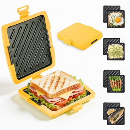 Sandwichera para Microondas 13 x 13 cm, Tostadora de Sándwiches con Tecnología Heatwave, Placa Antiadherente para Sándwiches Crujientes en Minutos, Fácil de Limpiar (Amarillo)