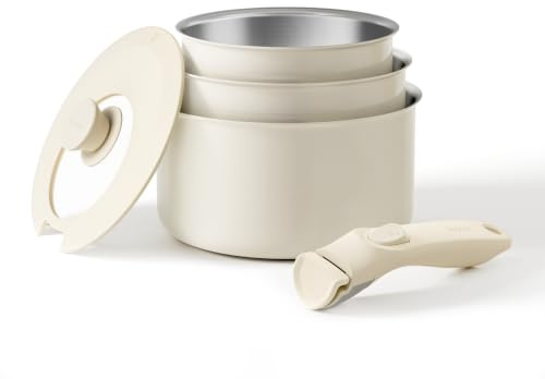 Redchef Topfset mit Abnehmbaren Griffen 5-teilig, Edelstahl Töpfe Set unbeschichtet 16/18/20cm und 3-IN-1 Verschlussdeckel, Kochtopf Set Induktions für Alle Herdarten, Ofenfest (Beige)