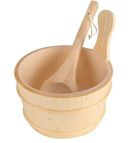Manillefu Cubo de sauna de madera con cucharón, 24 x 27 cm, cubo de agua de madera natural para el hogar, spa, gimnasio, juego de accesorios de baño tradicional finlandés