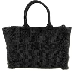 Pinko Borsa Shopping in Rafia, Nero, 38x29.5x16 cm, con Frange, Stile Mare e Viaggio, Chiusura a Cerniera