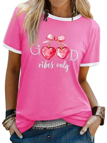 Dresswel Women's T-Shirts Cherry Graphic Print Crew Neck Summer Tshirt Tops | Casual Short Sleeve Classic Ringer Tee Shirts Sweet Girl Strawberry Letter Print Y2K
