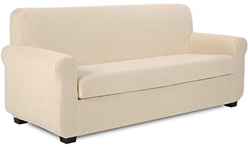 TIANSHU Sofaüberwürfe,Spandex Sesselbezüge Enthält 1 Sofabezug und 1 Sitzkissenbezug Stretch Couchbezug Elastischer Antirutsch Weich Jacquard Stoff sesselbezug Schonbezug(3 Sitzer,Beige)