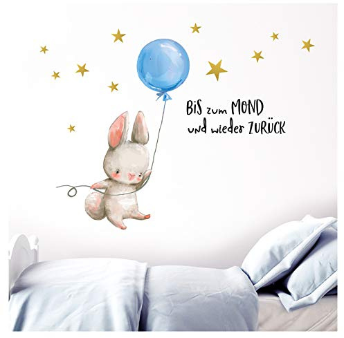 Little Deco Wandtattoo Hase mit Luftballon Blau & Spruch Bis zum Mond DL229