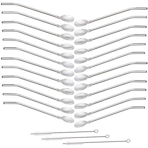 Rosenstein & Söhne Cocktail-Trinkhalme: 18er-Set 2in1-Trinkhalm-Löffel aus Edelstahl, mit Reinigungsbürste (Metall, Edelstahl mit Löffeln)
