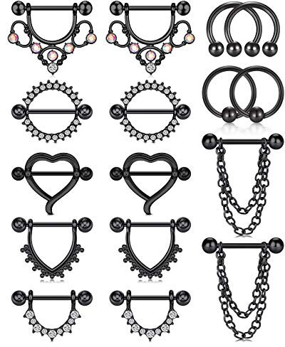 AceFun 8 Paare nippelschmuck Piercing schwarz 14G Brustwarzenpiercing Brustpiercing Edelstahl Nipplerings CZ Herz zungenpiercing Barbell Piercing Schmuck für Frauen