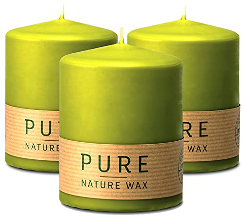 Hyoola Candele a Colonna Naturali - Candele da Esterno e Interno - Realizzate con Cera Naturale al 100% - Candele Naturali Senza Paraffina - Candele Grandi 7x9 cm - Verde - Set da 3