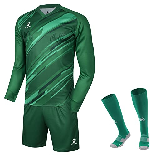 KELME Soccer Goalkeeper Jersey Pro Set Uniform - Padded Goalkeeper Shirt Shorts Socks - Men's Goalie Jersey Adults Kids (Green, Large)