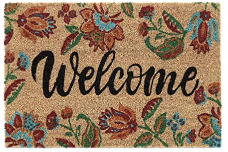 Relaxdays Fußmatte Kokos, Blumen, Welcome-Schriftzug, 40x60 cm, Türvorleger innen & außen, rutschfest, wetterfest, bunt