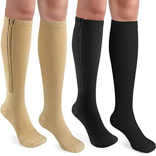 CASMON 2 Pairs Zipper Compression Socks for Women & Men,15-20 mmHg Closed Toe Knee High Support Sock for Varicose Vein Edema (Black+Beige, Large-X-Large)