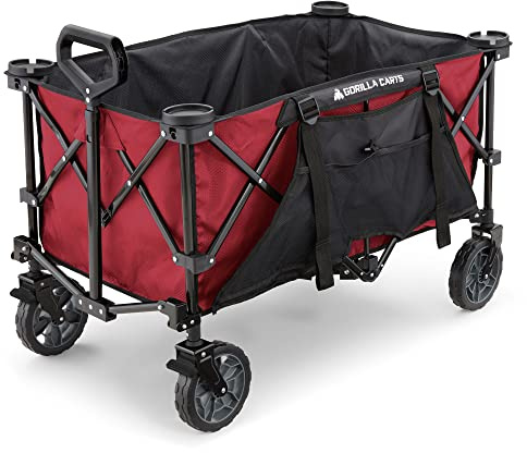 Gorilla Carts 7 Kubikfuß Faltbarer Festivalwagen, XXL All-Terrain-Utility-Pull-Campingwagen mit übergroßem Bett und integrierten Getränkehaltern, Gartenwagen 185L Fassungsvermögen, Rot
