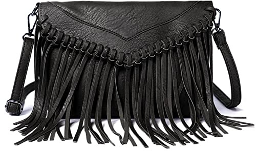 Lytosmoo Vintage Fringe Purse Fringe Hobo Bags for Women Vegan Leather Tassel Hippie Crossbody Bag 02-Black
