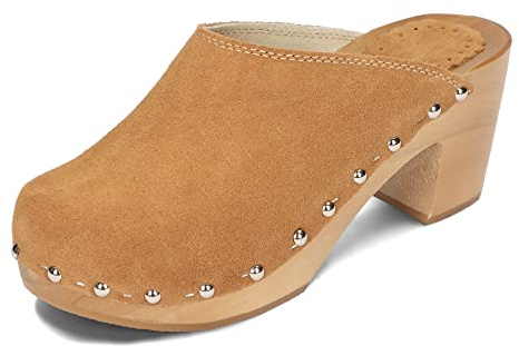 BeComfy Damen Holzclogs mit Absatz Wildleder Holzschuhe Hochhackige Clogs Echt Leder Pantoletten 35-41 EU