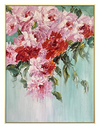 Handgemalte Acrylbilder,Modernes Abstraktes Rosa Pfingstrosen-Blumenbrokat-Cluster-Grüne Blätter Kunstwerk Rahmenlose Original Handgemalte Ölgemälde Auf Leinwand Wandkunst Für Wohnzimmer Schlaf