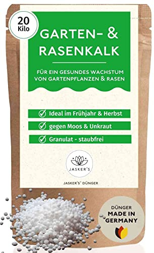 JASKER'S Rasenkalk gegen Moos & Unkraut 20Kg - Ideal Im Frühjahr & Herbst - 100% natürlich & langfristige Moos Verdrängung - Rasenkalk Granulat Für Streuwagen - Tierfreundlich - Kalk Für Rasen