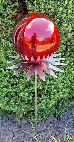 Jürgen Bocker Garten-Ambiente Blütenzauber Milano Rosenkugel 15 cm Edelstahl Gartenstecker Deko mit Stab 80 cm (rot matt)