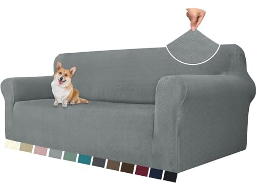 YSTELLAA Stretch Sofa Überzug 3 Sitzer, Sofaschoner rutschfest Mit Armlehne, Universal Jacquard Sofabezug, Dicke Sofabezug Für Hunde Katzen Und Haustiere, Waschbare Sofa Cover, Hellgrau