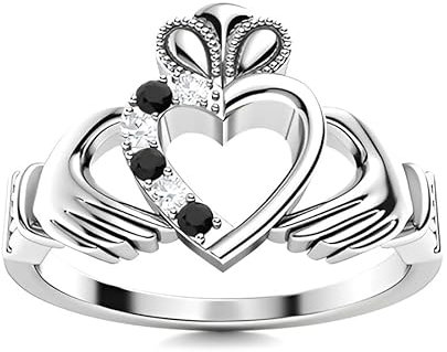Black Spinel Round 2.00mm Claddagh Ring | Sterling Silver 925 With Rhodium Plated | Beautiful Design Claddagh Promise Ring (White, 61)