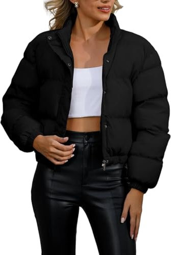 Vagbalena Doudoune courte chaude pour femme Veste coupe-vent et neige ample avec poches Manches longues Fermeture éclair complète Légère avec poches Veste bouffante (Noir,S)