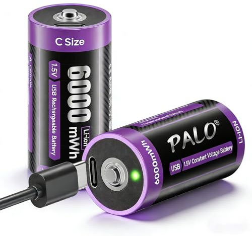 Mspalocell Rechargeable C Lithium Batteries 2 Pack, 1.5V Li-ion 6000 mWh C Cell Batteries with 2 in 1 Type-C Charging Cable for Household and Office Devices