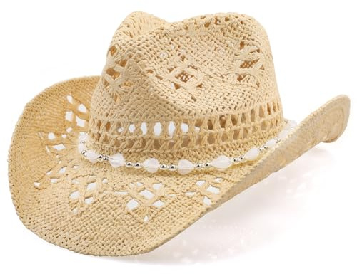Cowboy Hat, Straw Cowgirl Hat,Cowboy Hats for Women/Mens Shapeable Brim Cowboy Hat for Womens (UK, Numeric, 7, 7 3/8, Beige+White)