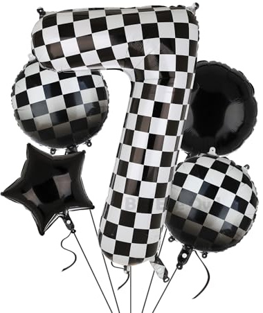 XXL Checkered Zahl 7 Folienballons Schwarz Weiß Rennauto Ballon 5 Stück Mylar Helium Zahlen 7 Rennwagen Autos Luftballon Party Deko Geburtstags Race Car Theme 100cm