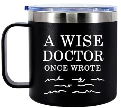 Panvola A Wise Doctor Once Wrote Doctor Gifts Physician Medical Student MD Practitioner Dr Vacuum Insulated Coffee Cup 14oz with Handle and Lid Thermal Mug 304 Stainless Steel (Black, 14 Ounces)