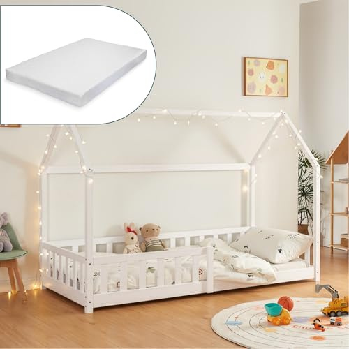 [en.casa] Lit Cabane Lit Simple en Forme de Maison avec Sommier à Lattes Barrière Protectrice Capacité 150 kg Matelas à Mousse Froid Bois de Pin Contreplaqué 90 x 200 cm Blanc