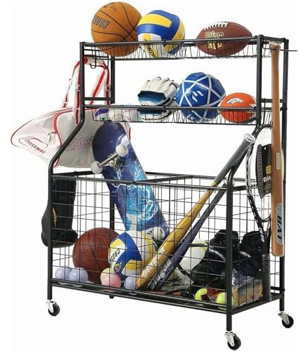 Gvqng Sport AusrüStungsorganisator, Aufbewahrung Von BäLlen In Der Garage FüR SportausrüStung Und Spielzeug, Rollender Ballwagen Mit Rollenkorb Und Haken, FüR Den Innen,Schwarz