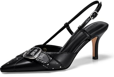Coutgo Womens Slingback Kitten Heels Studded Closed Pointed Toe Pumps with Buckle Shoes, Black, Size 7.5