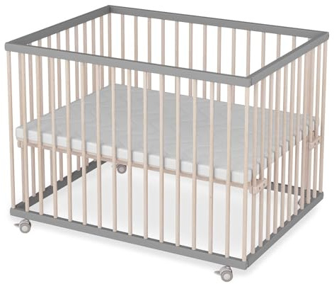 Sämann Laufstall Baby mit Lattenrost und Matratze | stufenlos höhenverstellbar | Laufgitter Premium | Babybett aus Holz | Krabbelgitter (grau/natur, 75x100 cm)