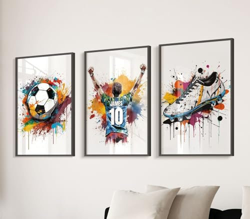 Personalised Football Wall Art Prints Personalised Football Prints Boys Bedroom Decor, Kid Bedroom Football Decor, Football Shirt Name Print (A4, Multi)