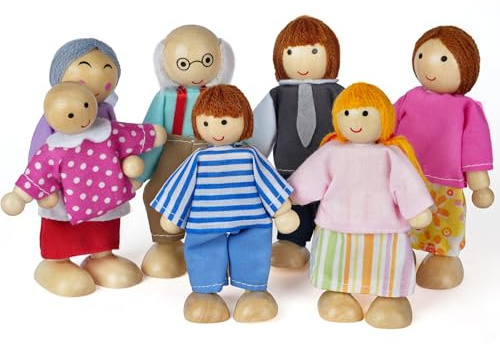 Aolso Trä familj dockor lekset 7 personer, träfigurer set för barn dockhus pretend gåva, familjeset för dockhus tillbehör barnleksaker