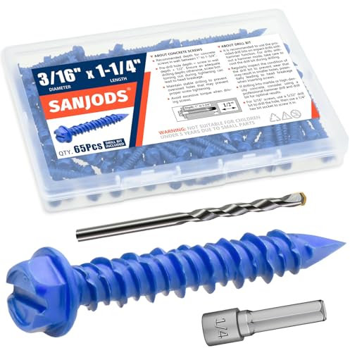 SANJODS 3/16 x 1-1/4 Concrete Screw Anchor, Blue Hex Head Screws for Anchoring to Masonry, Brick, Block, Cement or Stucco (Pack of 65)