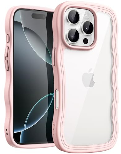 JETech Cover Ondulata per iPhone 16 Pro Max 6,9 Pollici, Carina Telaio Forma Riccia Antiurto Cellulare Custodia per Donne e Ragazze, Trasparente PC Rigido Retro (Rosa)