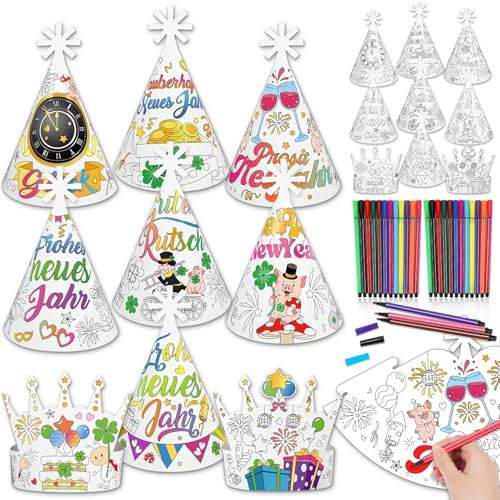 DPKOW 18 Glücksbringer Silvester Partyhüte zum Ausmalen Kinder mit 24 Stiften, Bemalbare Papier Silvester Haarreif für Kinder Basteln Glücksbringer Neujahr Kopfbedeckung Zubehör Accessoires