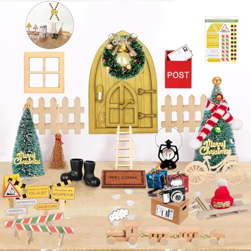 Pizsieat Wichteltür Set Weihnachten - Weihnachtswichtel Komplettset inkl. Wichtelbriefe, Kamera, Express-Box, Holzeisenbahn, Baustelle, Schilder & Vielen Weiterem Zubehör für Kinder DIY-Dekoration